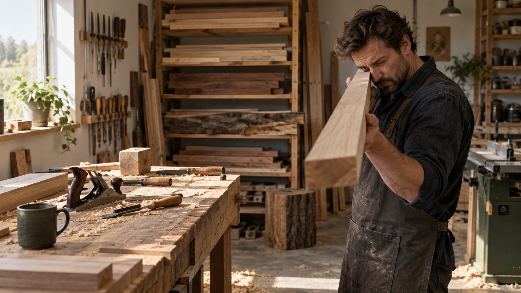 Independent carpenter inspecting a hardwood board in the workshop
