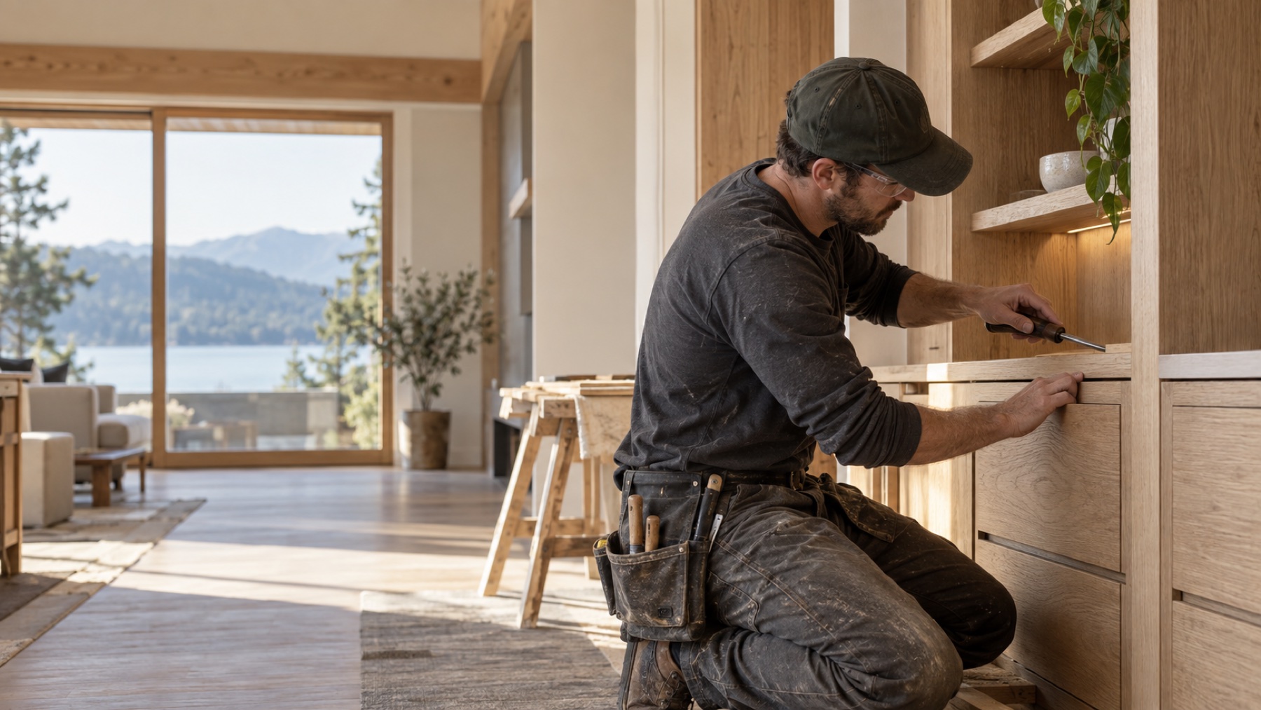 Carpenter carefully fitting custom oak cabinetry