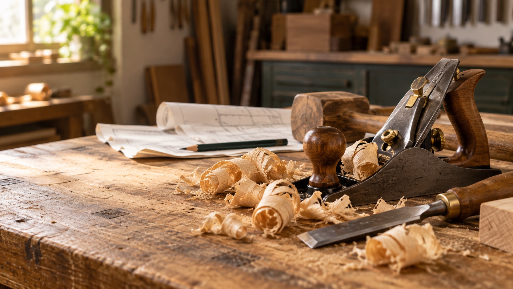 Hand plane, chisel, plans and fresh oak shavings on a workbench