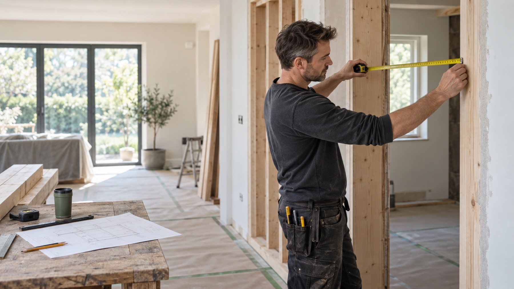 Carpenter measuring a framed opening during a home renovation