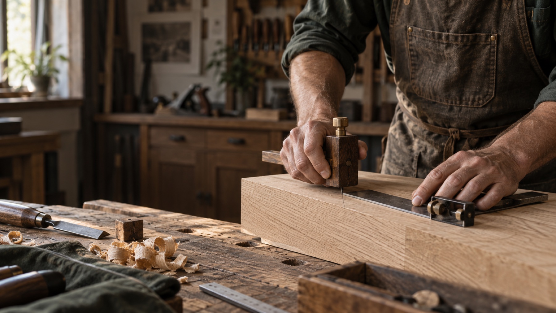 Carpenter marking precise joinery on an oak board