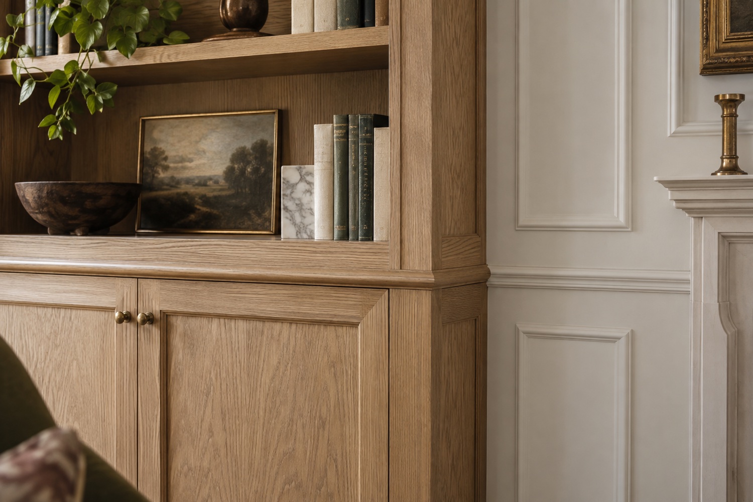 Detailed oak built-in cabinetry and wall panelling