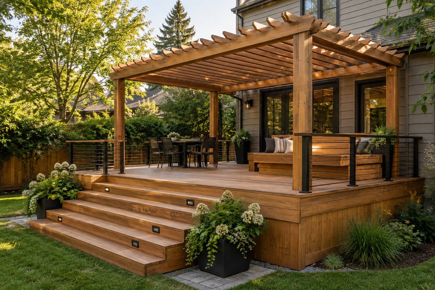 Cedar deck and pergola in a landscaped backyard