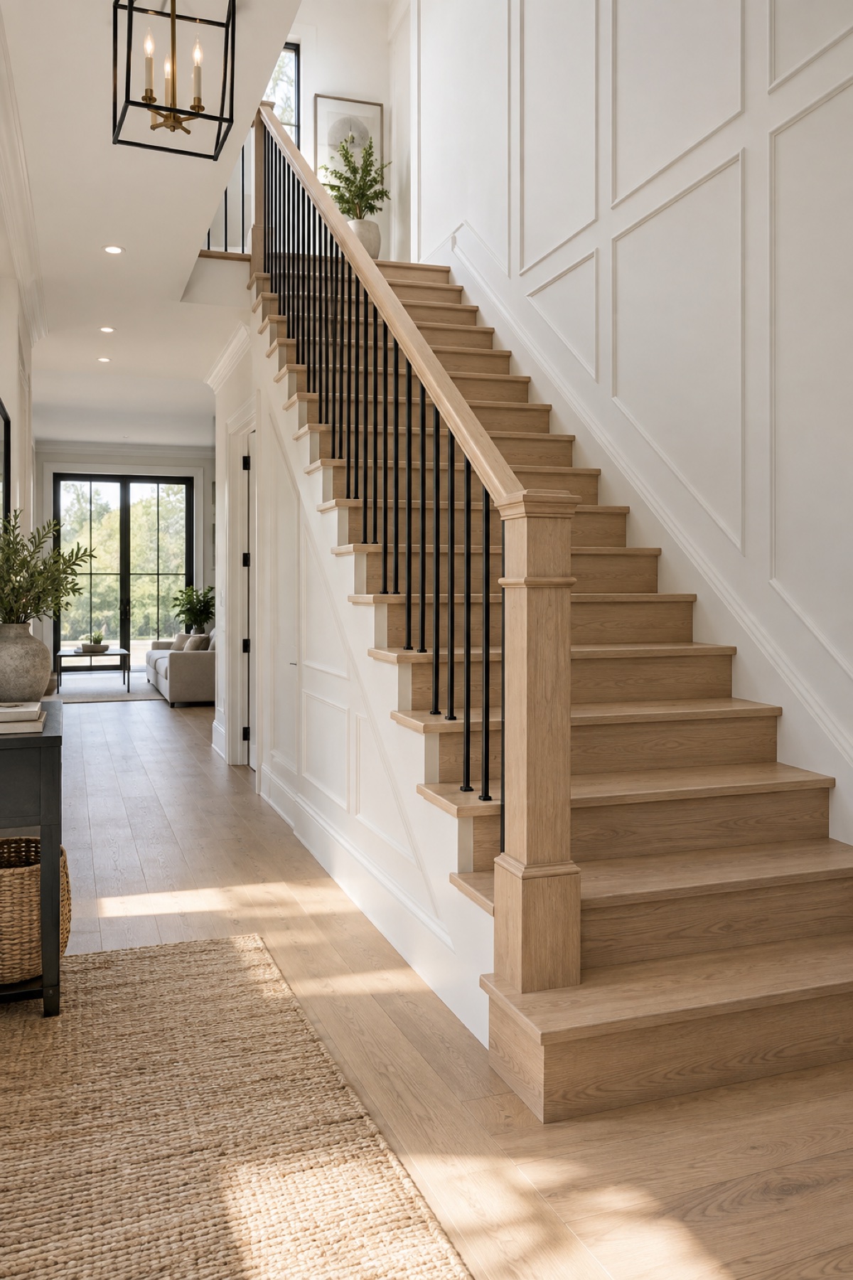 Custom oak staircase with fitted wall trim